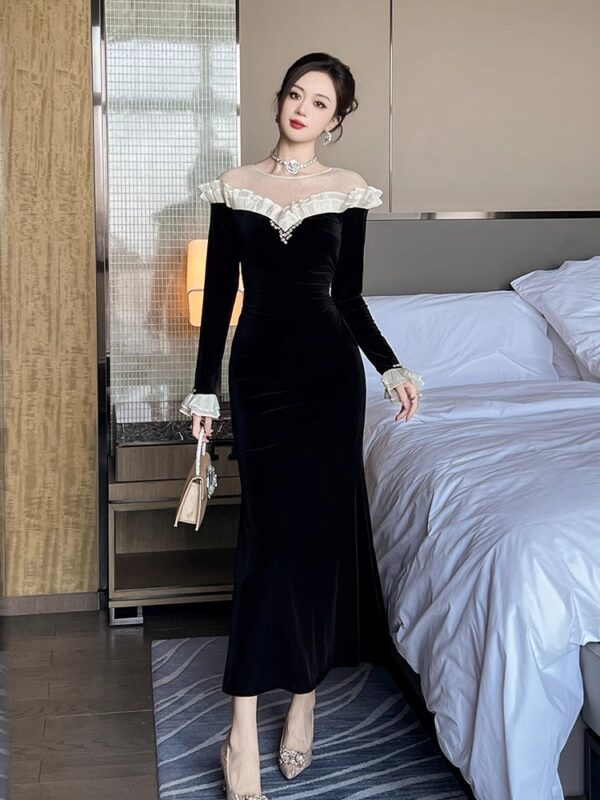 Waist-shoulder velvet long dress with black celebrity Hepburn style high-end slim fishtail skirt - Image 6