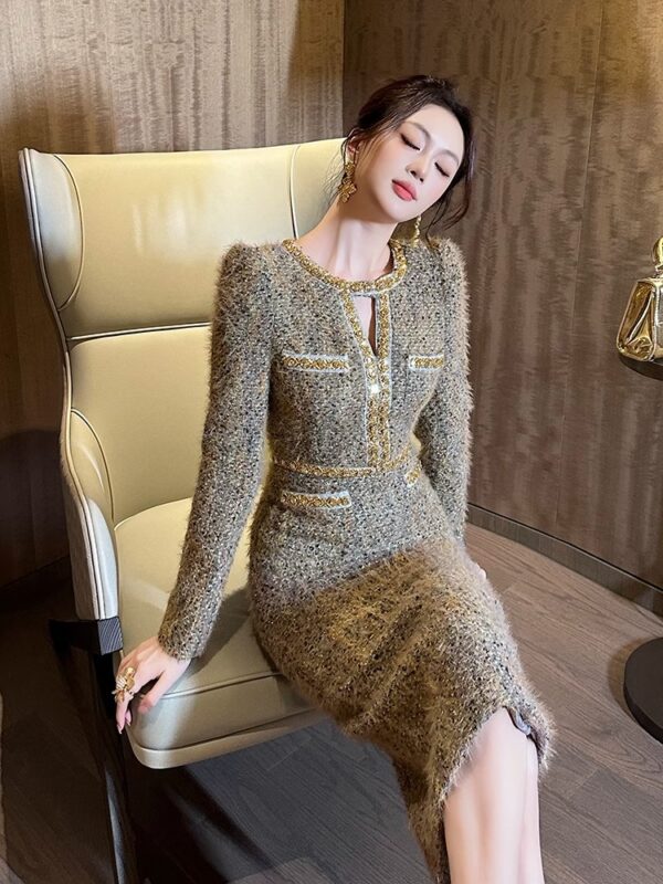 Small wool dress for women 2025 new spring and autumn high-end suit French high-end long-sleeved slim dress - Image 6
