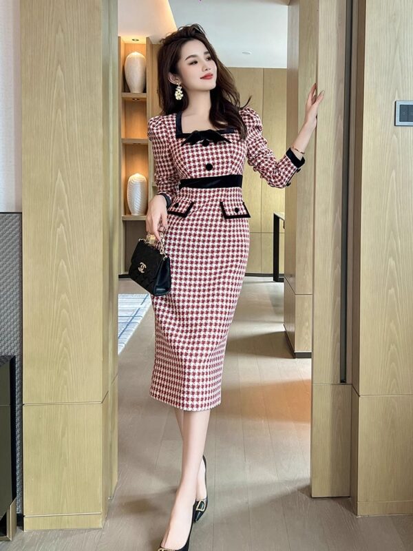 Plaid square collar small wool dress for women with autumn and winter waist slim bow temperament professional hip-pack skirt - Image 6