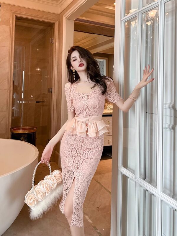 2025 summer new style female celebrity sweet temperament high-end lace waist-hugging ruffle-wrapped pink dress - Image 6