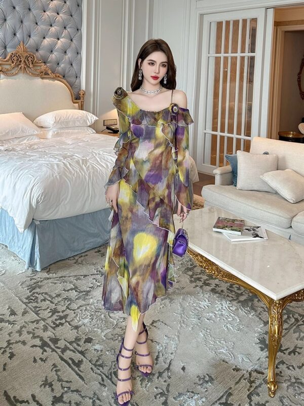 One-shoulder suspender chiffon dress 2025 new summer long-sleeved ruffle-edged retro ink-dyed slim long skirt - Image 6