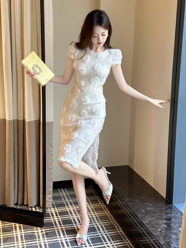 Round neck rose mid-length waist-length hip-pack skirt 2025 summer new slit high-waisted socialite slim dress - Image 6