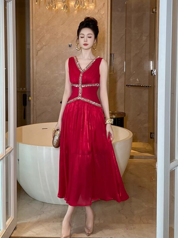 Red sleeveless dress for women, summer front and back double V-neck design, sexy lady style waist-hugging temperament slim dress long skirt - Image 6