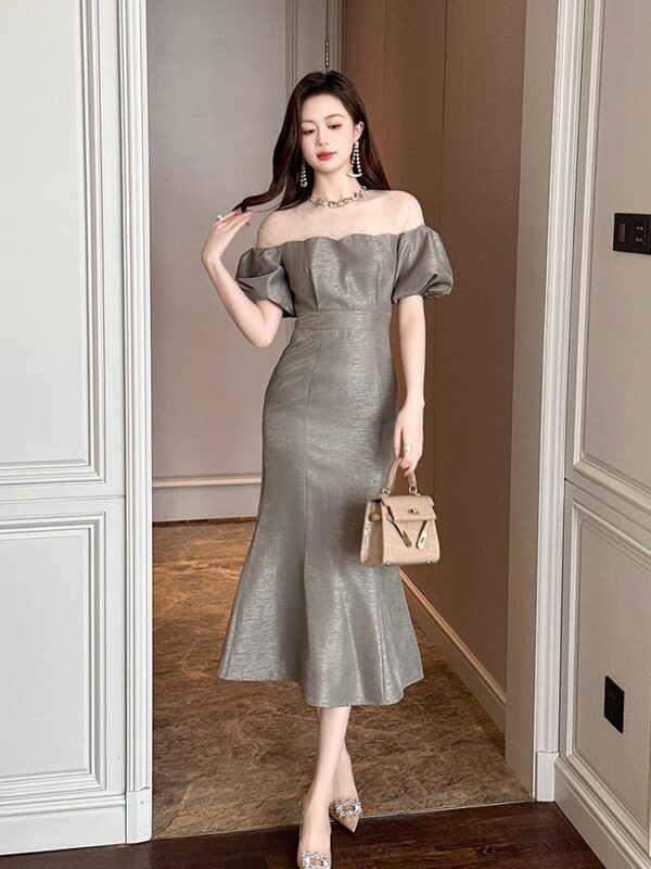 This year's popular French high-end one-shoulder puff sleeve waist-hugging slim fish tail dress dress for women - Image 6