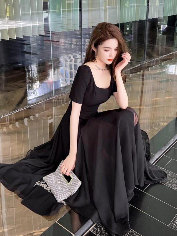 Black dress Women's summer new style high-quality texture square collar irregular waist-hugging and slimming A-line long skirt - Image 6