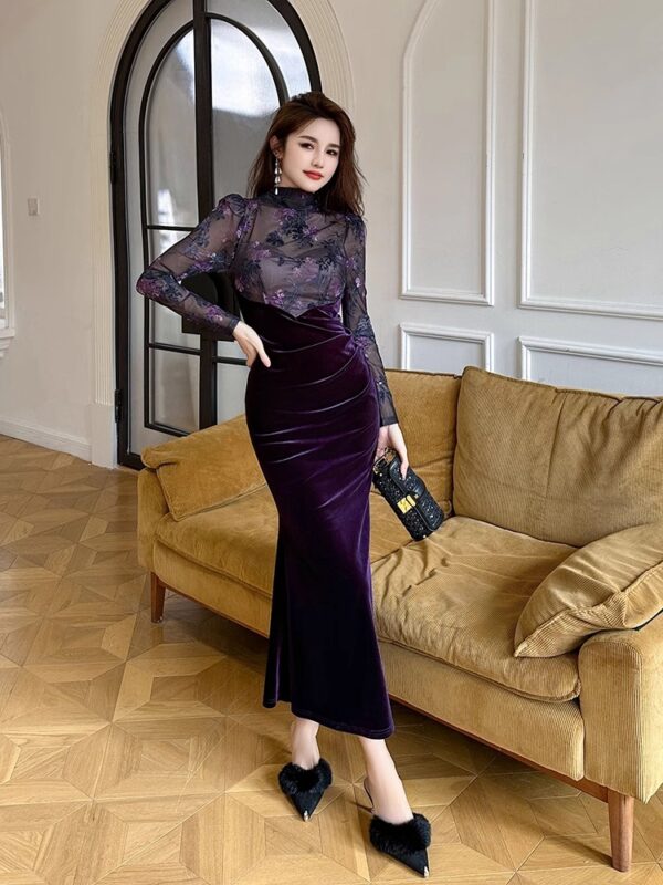 Retro fake two-piece dress for autumn women's velvet high-end dress floral purple slim hip fish tail long skirt - Image 6
