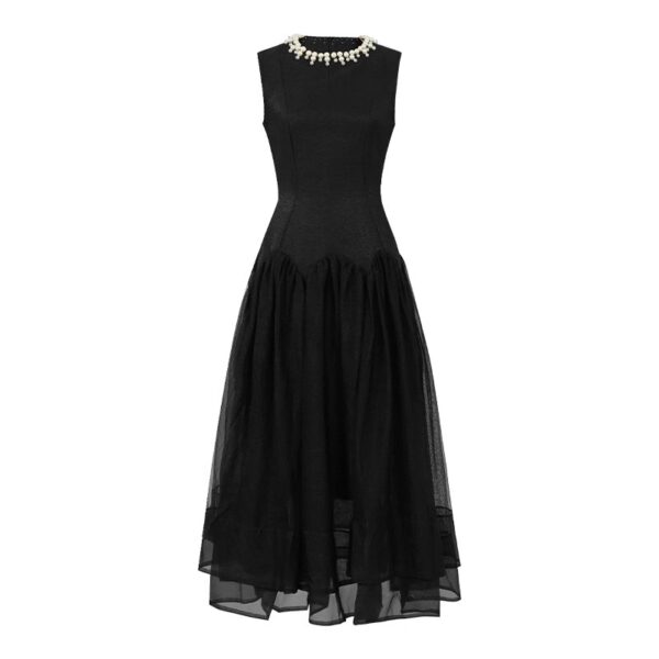 High-waisted sleeveless Hepburn style mesh dress for women in summer French banquet high-end splicing design a-line long skirt - Image 6