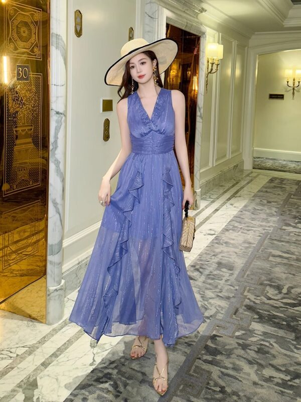 French sexy V-neck purple dress in summer new sleeveless ruffle waist-hugging and slim big sling skirt - Image 6