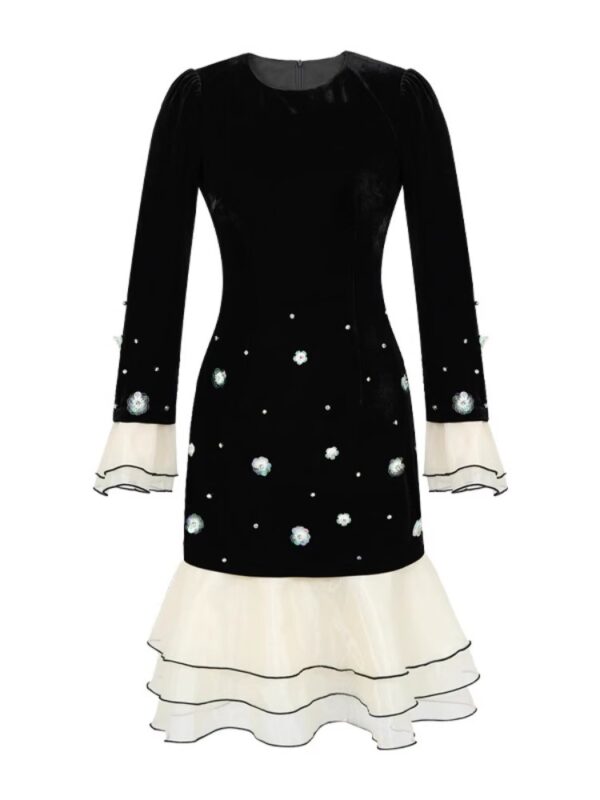 Original design black hip-cover skirt mid-length 2025 new celebrity heavy industry beaded bead flared sleeve velvet dress - Image 6