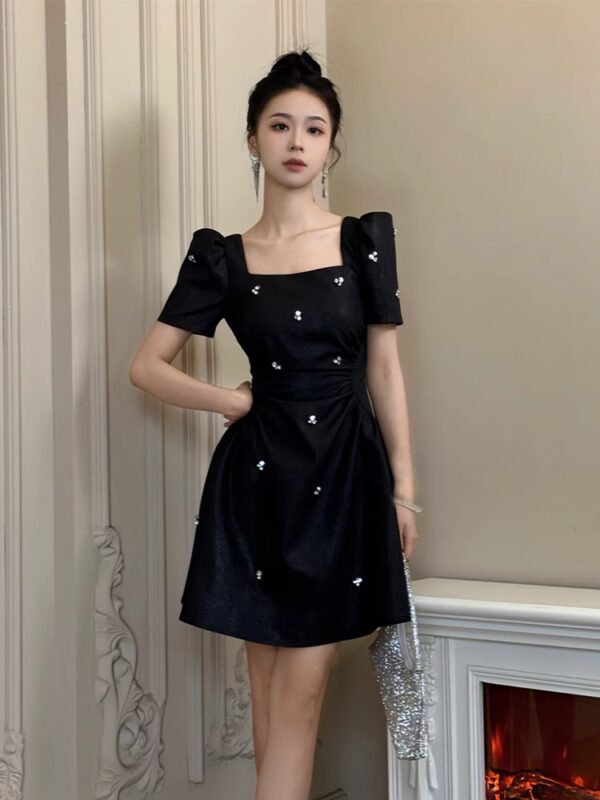 European station black square collar dress for women in summer new birthday dress light luxury high-end waisted A-line skirt - Image 6