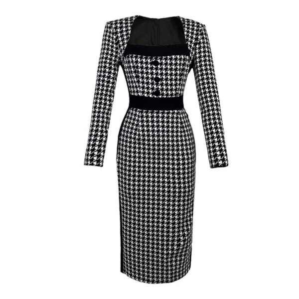 Elegant autumn and winter temperament square neckline style slim hip-pack skirt high-end style celebrity Xiaoxiang style houndstooth dress - Image 6
