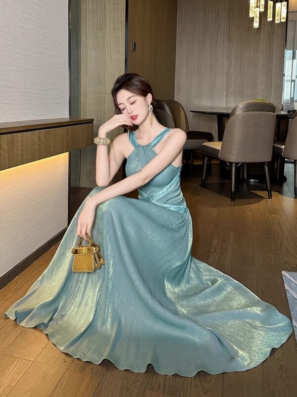 Kinkle neck dress for women in summer light luxury niche high-end feel waist-hugging slimming French temperament A-line long skirt - Image 6