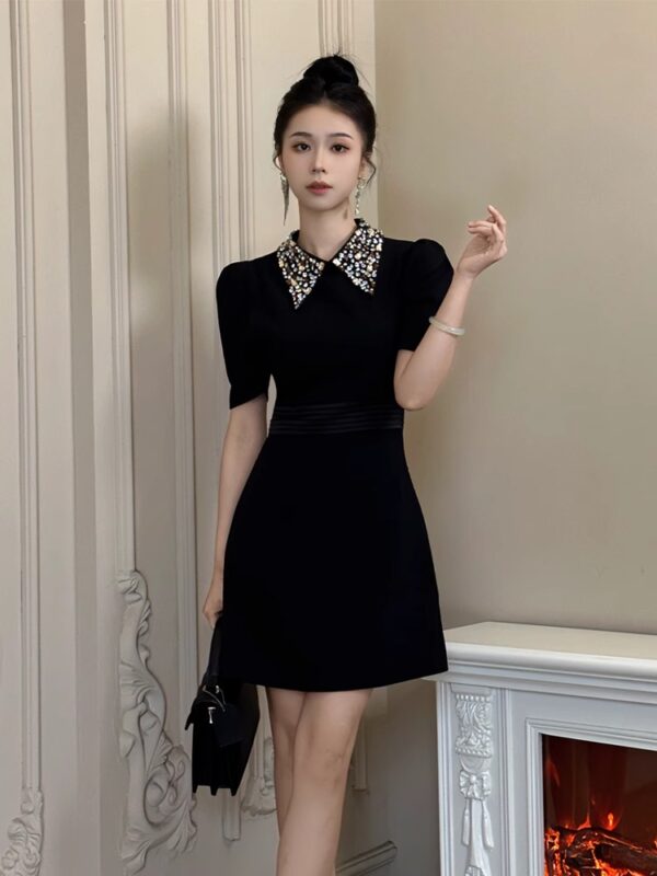 European station black dress women summer high-end feeling Hepburn style famous socialite rich girl polo collar waist-hugging skirt - Image 5