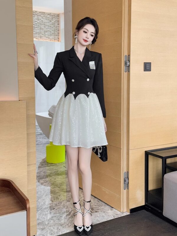 European station contrasting color splicing suit dress for women in early spring style, small commuting, slim temperament, waist-hugging A-line skirt - Image 6