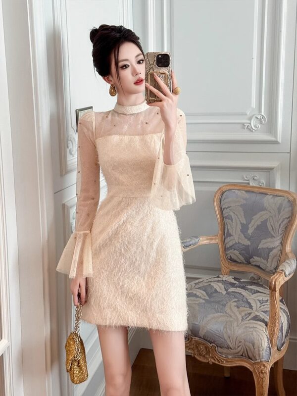 European station lace splicing dress for women in early spring, flared sleeves, small slim and waist-hugging A-line skirt - Image 6