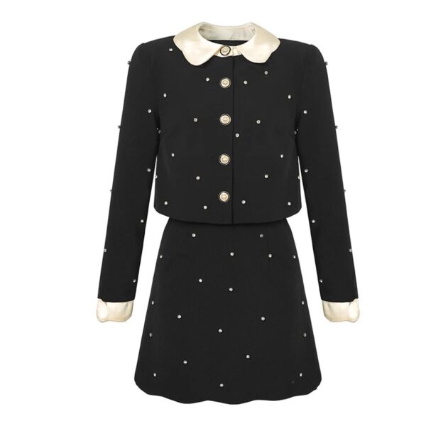 2025 autumn and winter new style small fragrance style doll collar age reduction black suit heavy industry nail drill two-piece set women 30594 - Image 6