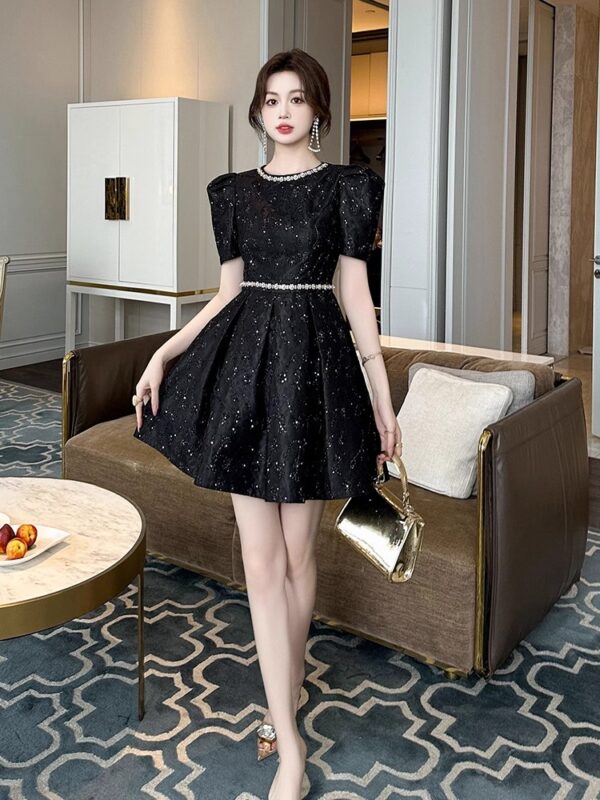 French heavy industry high-end exquisite banquet dress feminine luxury socialite style high short-sleeved A-line skirt summer - Image 6
