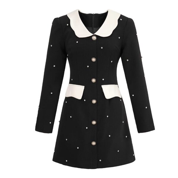 2025 autumn and winter new style women's small fragrance style doll collar age reduction diamond waist A-line black dress 30648 - Image 6