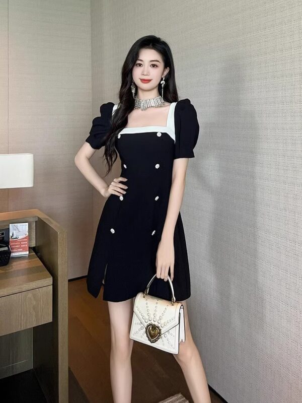 French high-end contrasting A-line dress for women in summer new square collar puff sleeve waist-hugging small hip-pack skirt - Image 6