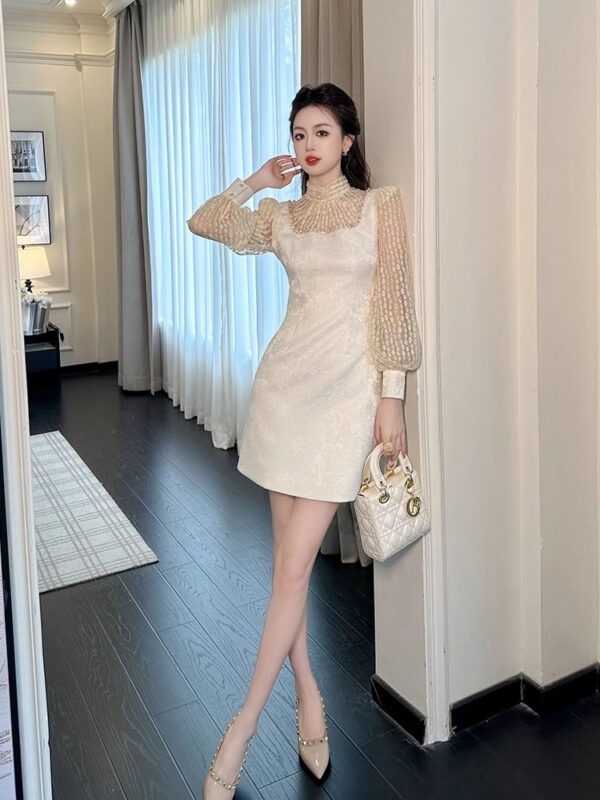 High-end light luxury dress 2025 new style for women's spring and autumn socialite temperament lantern long sleeve waist-hugging A-line princess short skirt - Image 6