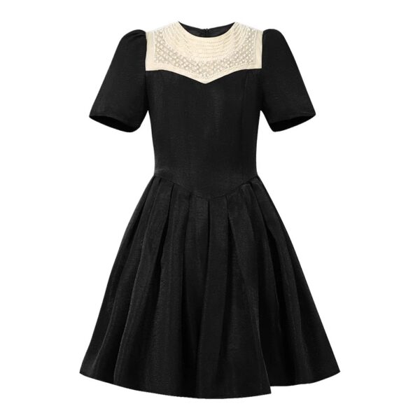 2025 summer new women's French heavy industry design sense pearl round neck high waist slim black dress 80188 - Image 6